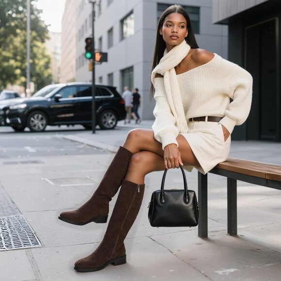 Women Polyurethane Suede Chocolate Round Toe Flat Side Zipper Knee High Boots - Picture 5 of 8